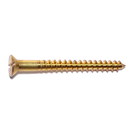 Midwest Fastener Wood Screw, #10, 2 in, Plain Brass Flat Head Slotted Drive, 25 PK 61293